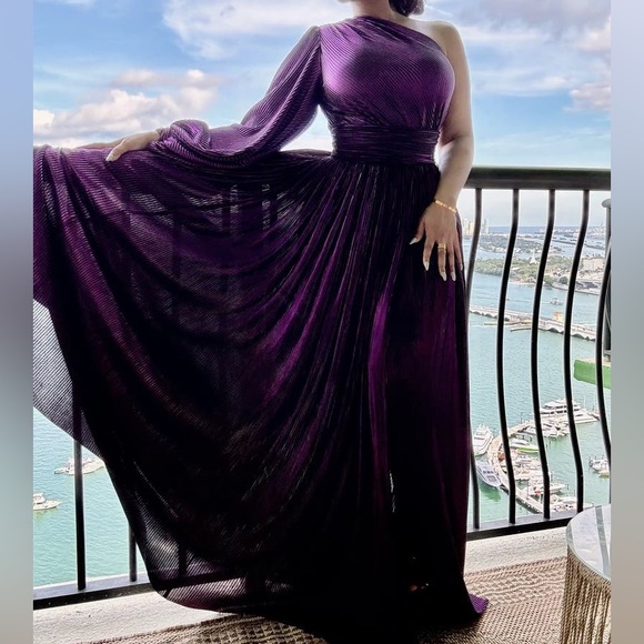 Bronx and Banco Florence Pleated One Shoulder‎ Slit Gown Maxi Dress Purple M - Picture 5 of 7